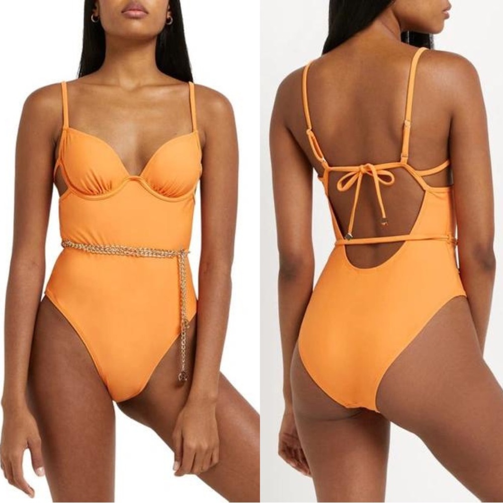 NWOT RIVER ISLAND Chain Detail Underwire One-piece Swimsuit In Orange – Sz 12